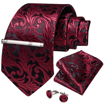 Red Floral Men's Tie Handkerchief Cufflinks Clip Set