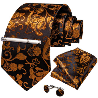 Golden Floral Men's Tie Handkerchief Cufflinks Clip Set