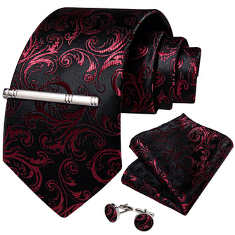 Black Red Floral Men's Tie Handkerchief Cufflinks Clip Set