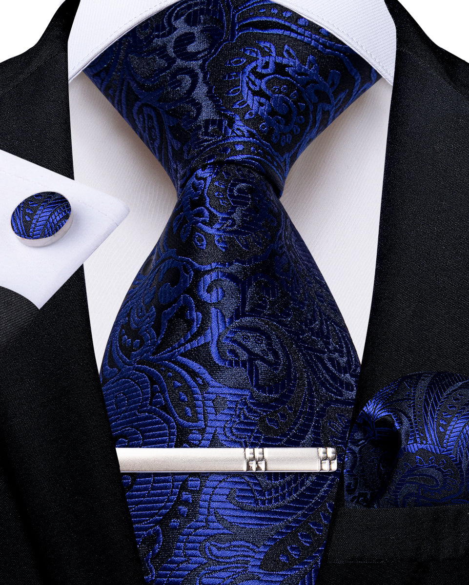 Blue Floral Men's Tie Handkerchief Cufflinks Clip Set