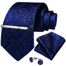 Blue Floral Men's Tie Handkerchief Cufflinks Clip Set