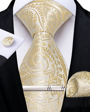 Golden Floral Men's Tie Handkerchief Cufflinks Clip Set