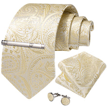 Golden Floral Men's Tie Handkerchief Cufflinks Clip Set