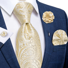 Golden Floral Silk Men's Necktie Handkerchief Cufflinks Set With Lapel Pin Brooch Set
