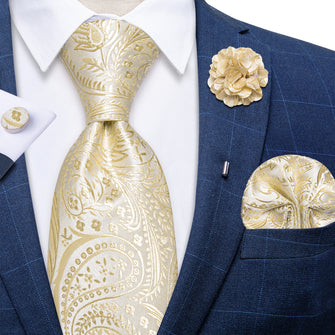 Golden Floral Silk Men's Necktie Handkerchief Cufflinks Set With Lapel Pin Brooch Set