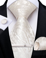 Milky White Floral Men's Tie Handkerchief Cufflinks Clip Set