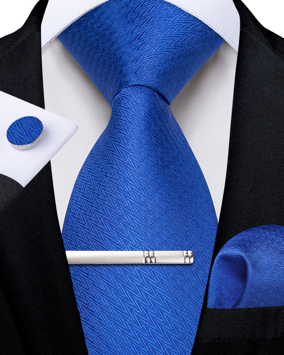 Blue Solid Men's Tie Handkerchief Cufflinks Clip Set
