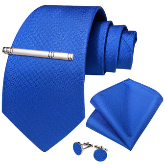 Blue Solid Men's Tie Handkerchief Cufflinks Clip Set