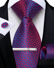 Blue Red Striped Men's Tie Handkerchief Cufflinks Clip Set