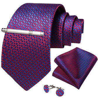 Blue Red Striped Men's Tie Handkerchief Cufflinks Clip Set