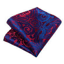 Red Blue Floral Men's Tie Handkerchief Cufflinks Clip Set