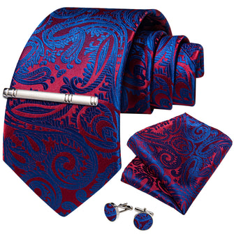 Red Blue Floral Men's Tie Handkerchief Cufflinks Clip Set