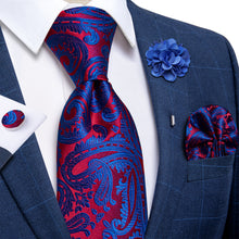 Red Blue Floral Silk Men's Necktie Handkerchief Cufflinks Set With Lapel Pin Brooch Set