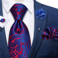 Red Blue Floral Silk Men's Necktie Handkerchief Cufflinks Set With Lapel Pin Brooch Set