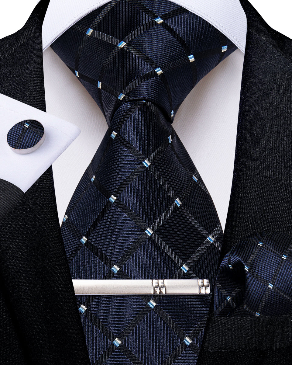 Silk Tie Blue Plaid Men's Tie Handkerchief Cufflinks Clip Se