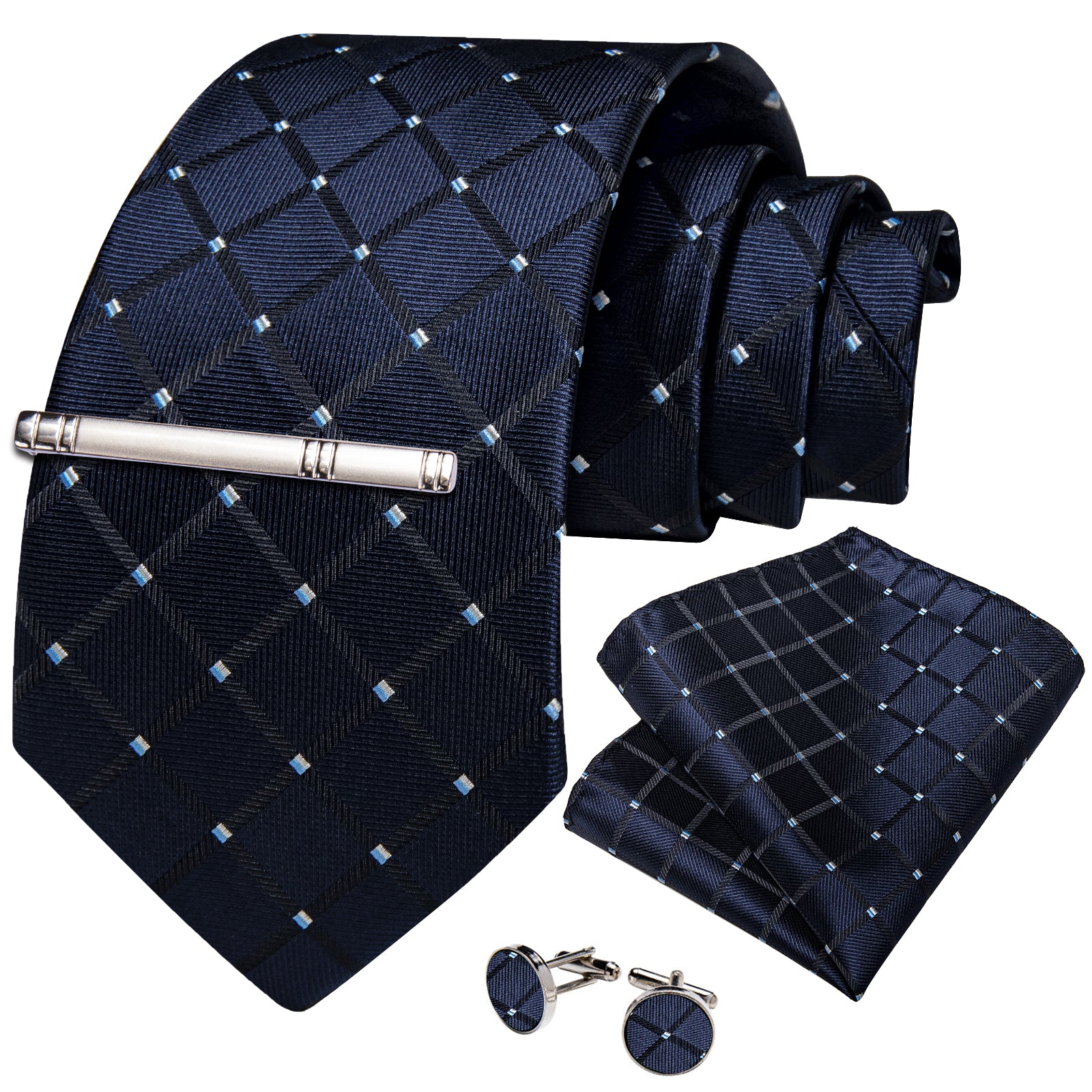 Silk Tie Blue Plaid Men's Tie Handkerchief Cufflinks Clip Se