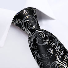 Black Silver Floral Men's Tie Pocket Square Handkerchief Set
