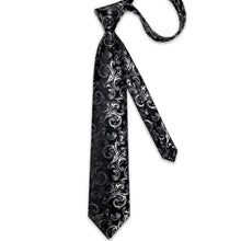 Black Silver Floral Men's Tie Pocket Square Handkerchief Set