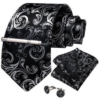 Black Silver Floral Men's Tie Handkerchief Cufflinks Clip Set