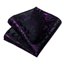 Blac Purple Floral Men's Tie Handkerchief Cufflinks Clip Set