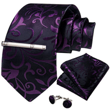 Blac Purple Floral Men's Tie Handkerchief Cufflinks Clip Set