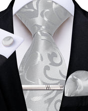 Grey Silver Floral Men's Tie Handkerchief Cufflinks Clip Set