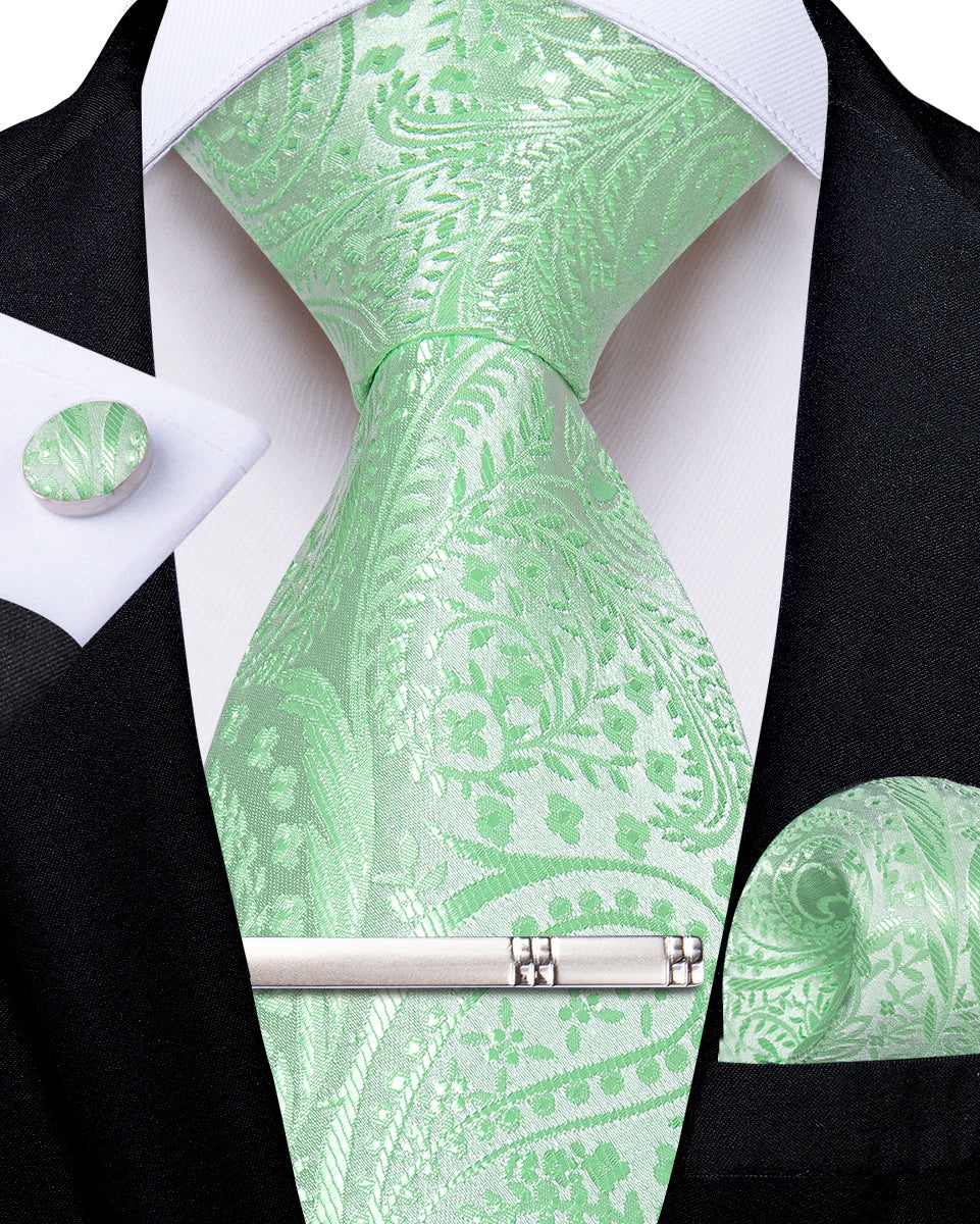 Mint Green Floral Men's Tie Handkerchief Cufflinks Clip Set