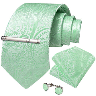 Mint Green Floral Men's Tie Handkerchief Cufflinks Clip Set