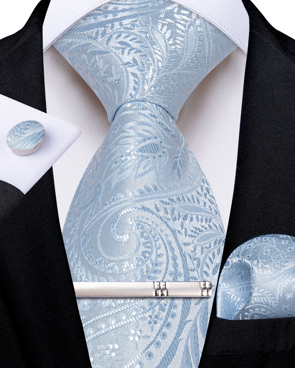 Light Blue Paisley Men's Tie Handkerchief Cufflinks Clip Set
