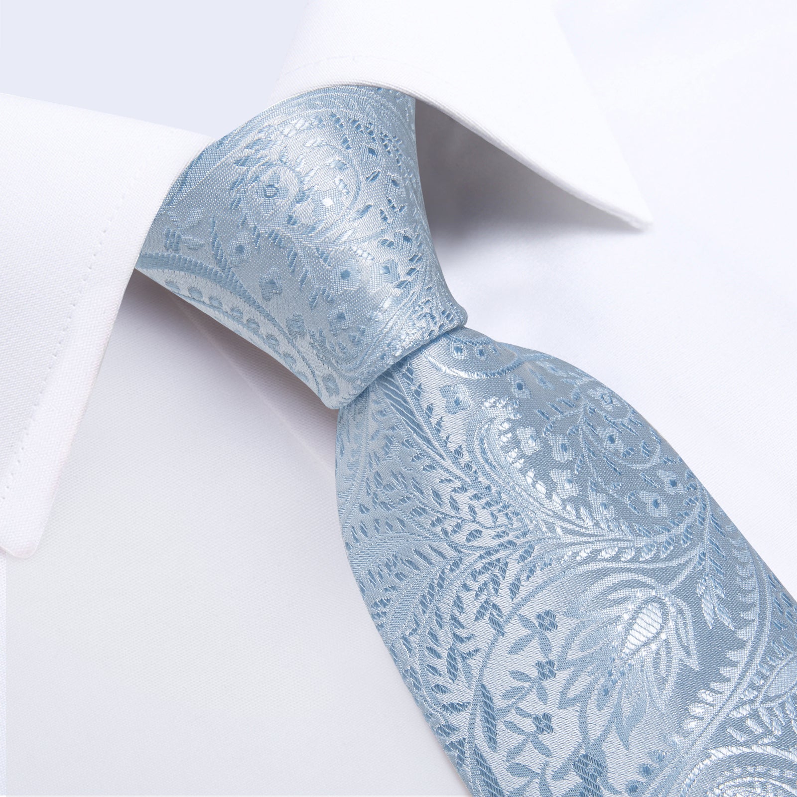 Light Blue Paisley Men's Tie Handkerchief Cufflinks Clip Set