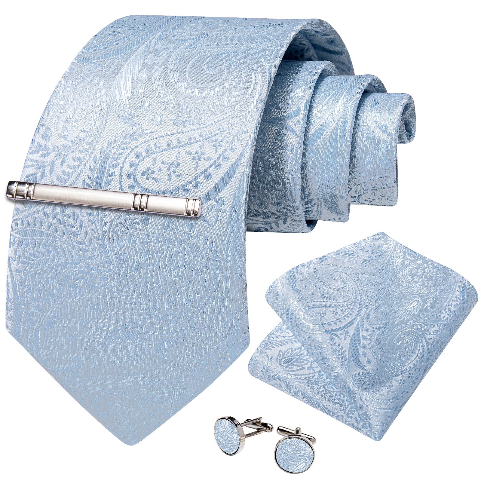 Light Blue Paisley Men's Tie Handkerchief Cufflinks Clip Set