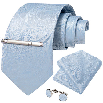 Light Blue Solid Men's Tie Handkerchief Cufflinks Clip Set