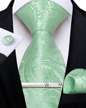 Green Floral Men's Tie Handkerchief Cufflinks Clip Set