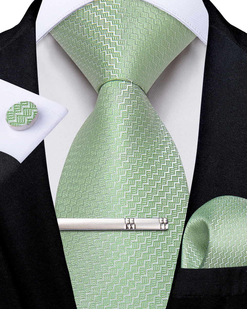 Green Solid Men's Tie Handkerchief Cufflinks Clip Set
