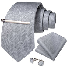 Grey Solid Men's Tie Handkerchief Cufflinks Clip Set