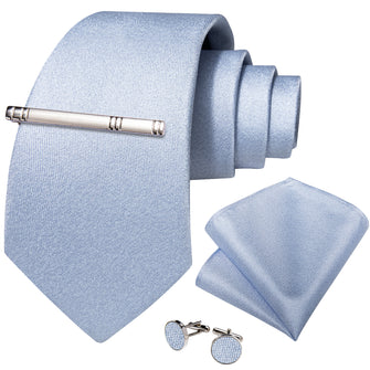 Light Blue Solid Men's Tie Handkerchief Cufflinks Clip Set