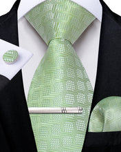 Green Plaid Men's Tie Handkerchief Cufflinks Clip Set