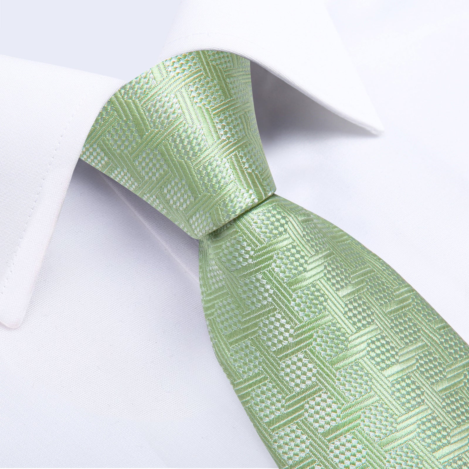 Green Plaid Men's Tie Handkerchief Cufflinks Clip Set