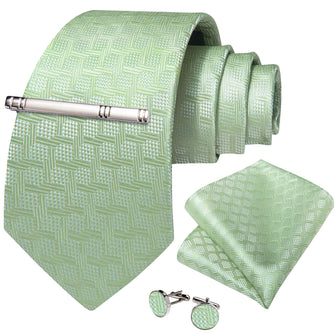 Green Plaid Men's Tie Handkerchief Cufflinks Clip Set