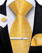 Yellow Striped Men's Tie Handkerchief Cufflinks Clip Set
