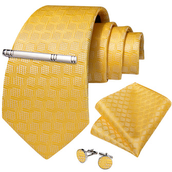 Yellow Striped Men's Tie Handkerchief Cufflinks Clip Set