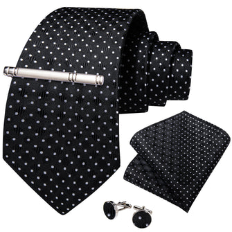 Black White Polka Dot Men's Tie Handkerchief Cufflinks Clip Set