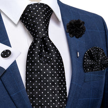 Black White Polka Dot Silk Men's Necktie Handkerchief Cufflinks Set With Lapel Pin Brooch Set