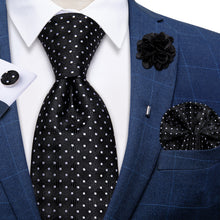 Black White Polka Dot Silk Men's Necktie Handkerchief Cufflinks Set With Lapel Pin Brooch Set