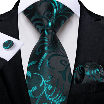 Black Teal Floral Men's Tie Pocket Square Handkerchief Set