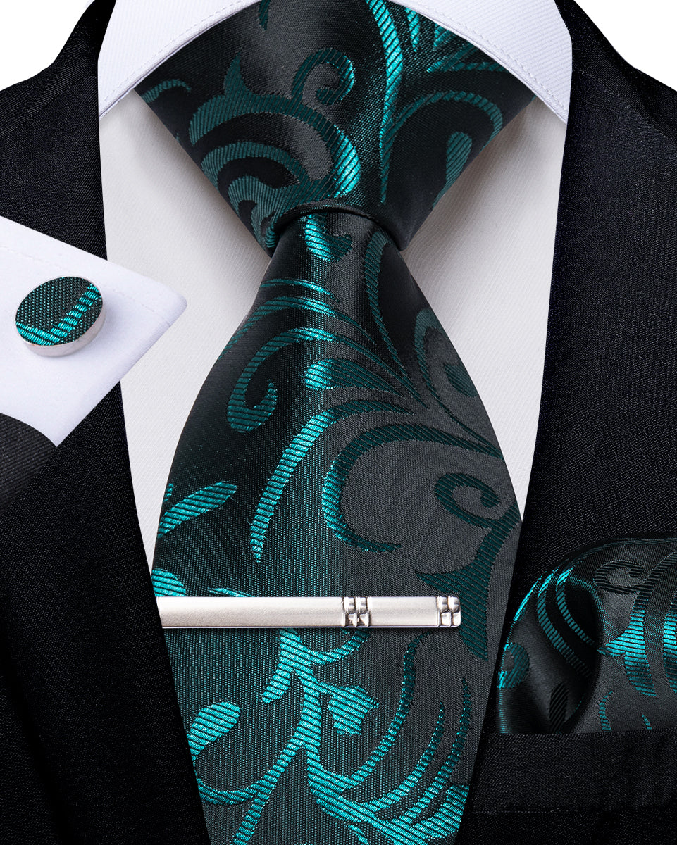 Dibangu Silk Tie Black Teal Floral Men's Tie Handkerchief Cufflinks Clip Set