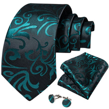 Black Teal Floral Men's Tie Pocket Square Handkerchief Set
