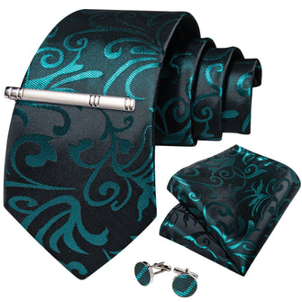 Dibangu Silk Tie Black Teal Floral Men's Tie Handkerchief Cufflinks Clip Set