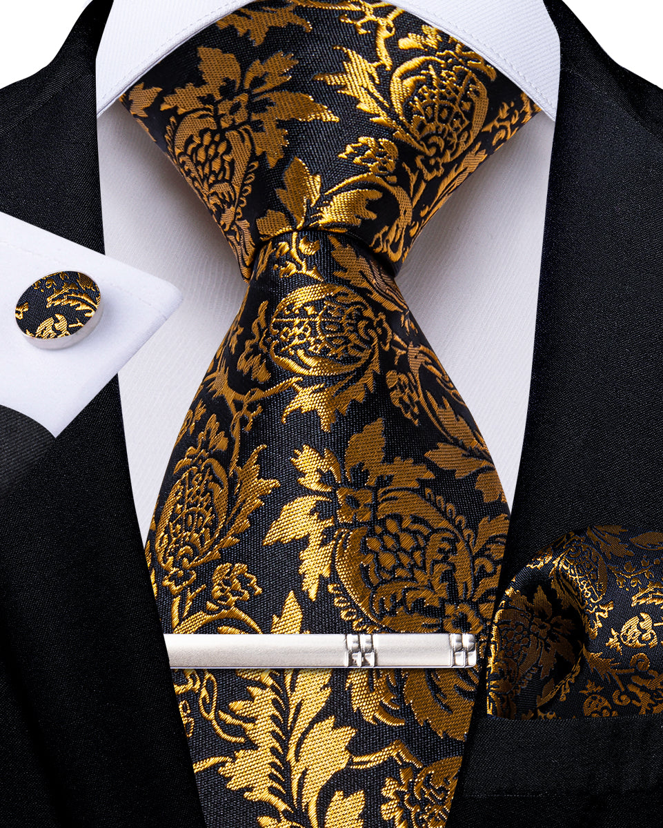 Black Golden Floral Men's Tie Handkerchief Cufflinks Clip Set