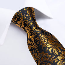 Black Golden Floral Men's Tie Handkerchief Cufflinks Clip Set